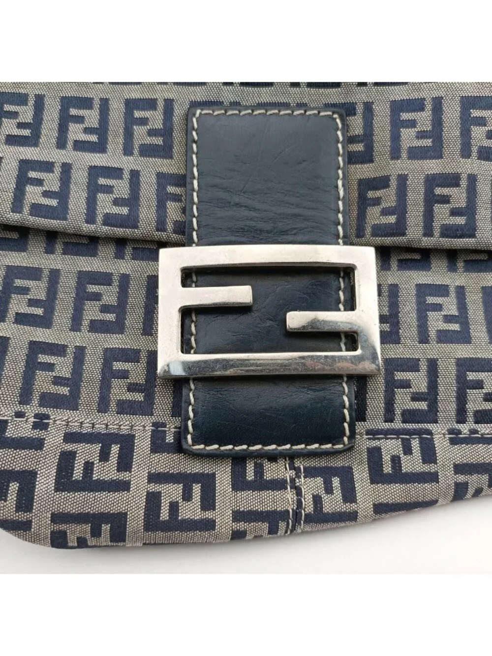 Fendi Mamma Bucket Zucchino Pattern Navy Gray Canvas Leather Shoulder